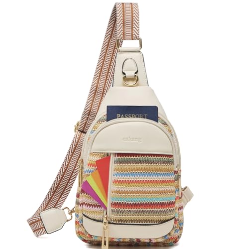 cakang Womens Sling Bag Crossbody Bags for Women Vegan Leather Sling Backpack Daypack Fanny Pack Crossbody Purse Travel - color: 8-rainbow Weaving-white