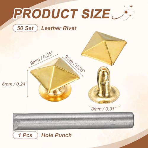 HARFINGTON 50pcs Pyramid Rapid Rivet 9mm Leather Rivets Rapid Punk Spikes Leathercraft Decoration with Hole Punch for Rock Nailheads Clothing Belts Bags Shoes, Gold - color: Gold, size: 9mm