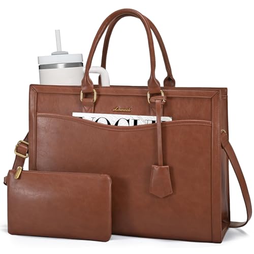 LOVEVOOK Laptop Tote Bag for Women, Large Work Computer Bag with Cup Holder - color: Retro Brown, size: 17.3 Inch