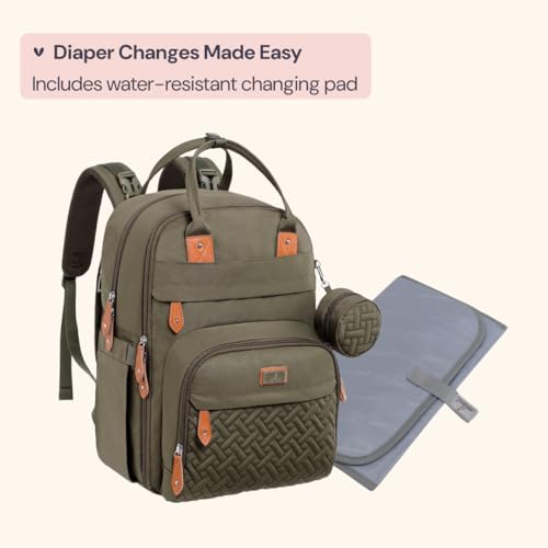 BabbleRoo Diaper Bag Backpack - Baby Essentials Travel Tote - Multi Function Water Resistant Diaper Bag, Travel Essentials Baby Bag with Changing Pad, Stroller Straps & Pacifier Case - Army Green - color: Army Green, size: Large