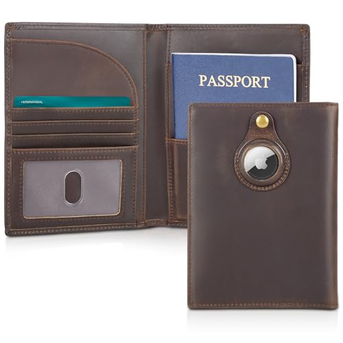 Polare Leather Passport Holder RFID Blocking Travel Bifold Wallet - color: Dark Brown with AirTag Slot
