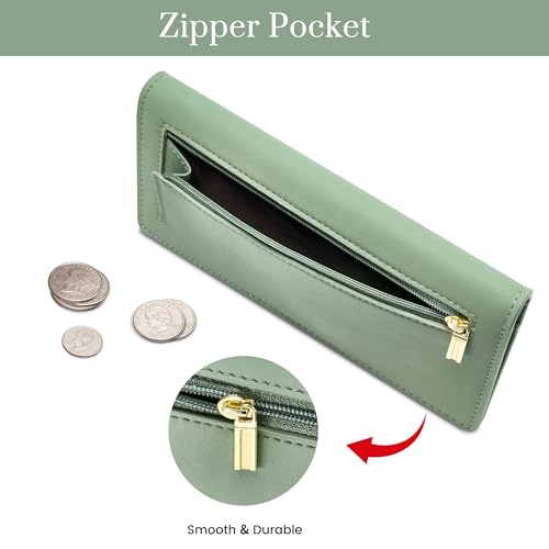 Airkit Slim Women's Wallet, Thin RFID Blocking Wallet for Ladies, Minimalist Credit Card Holder with Zipper Pocket, Matte Green - color: Matte Green