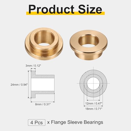 uxcell 4Pcs Flange Sleeve Bearings, 12mm Bore x 18mm OD x 8mm Length, Self-Lubricating Sintered Bronze Bushings - size: 12x18x8mm