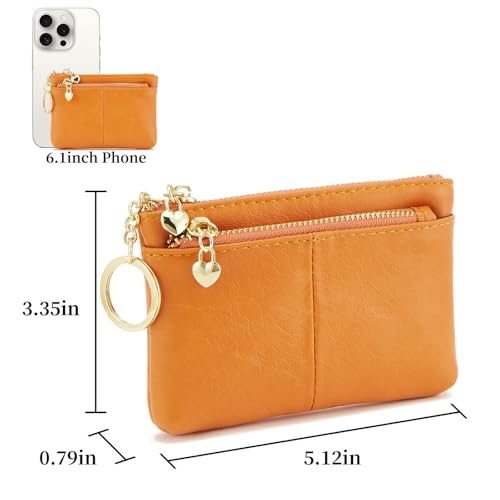 Women PU Leather Zip Mini Coin Purse With Key Ring Triple Zipper Card Holder Wallet (Orange) - color: Orange