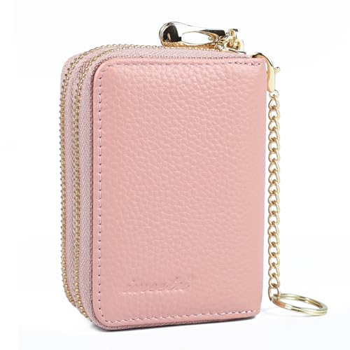 imeetu Rfid Credit Card Holder, Businese Card Case, Wallet for Women Men | Genuine Leather Card Wallet with id Window, Keychain & Double Zipper, Water-resistan Small Wallet with Gift Box, Daily Travel - color: Max - Pink
