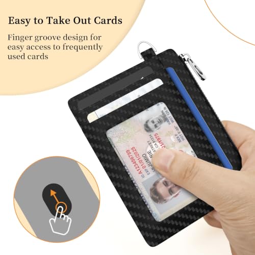 Hancynir Minimalist Black Slim Wallet Men Credit Card Holder Small RFID | Zipper Pocket Wallet, Thin Travel Coin Purse, Ladies Women Mens Gifts, Cute Card Case, 6 Card Slots, ID Window, PU Leather - color: 01-Carbon Black