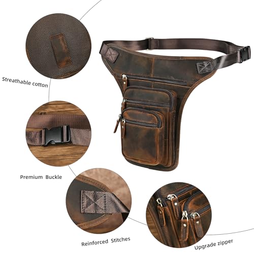 Water Resistant Canvas + Leather Motorcycle Travel Fanny Waist Pack Drop Thigh Leg Bag Pouch For Men Women FB913-5 - color: Genuine Leather-3111 Brown