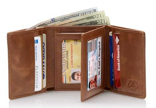 Stealth Mode Leather Trifold RFID Wallet For Men With Flip Out ID Holder - color: Brown Crunch