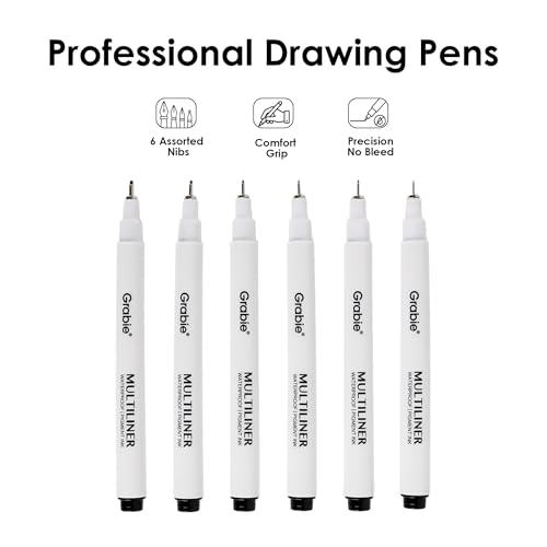Grabie Micro Fineliner Pens, 6 Black Waterproof Drawing Pens | Waterproof Pigment Ink, 6 Assorted Tip Sizes, Precision Fine Lines, Metal-Clad Nibs, Smooth Ink Flow, Smudge Resistant - color: 6-Black