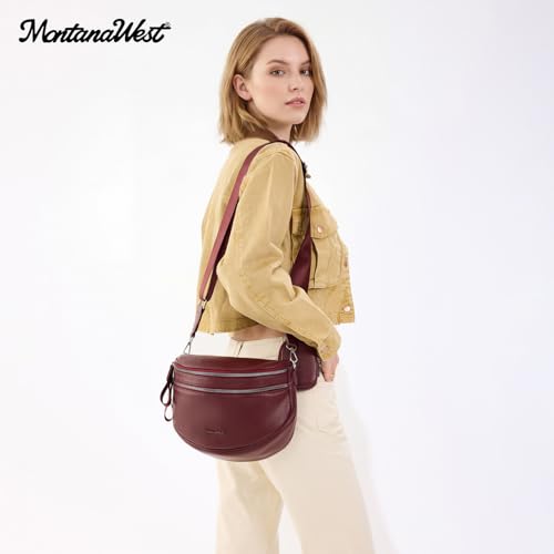 Montana West Crossbody Bum Bag for Women, Soft PU Leather Double Zip Purse - color: Burgundy