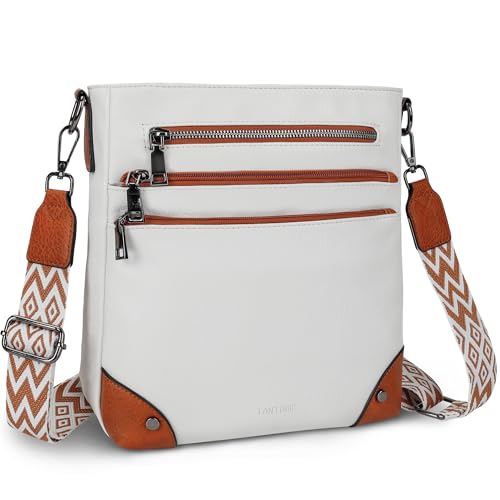 TANTOMI Crossbody Bag for Women PU Leather Travel Purse | Trendy Women's Shoulder Handbags, Comfort Adjustable Wide Strap, Water-Resistant, Multi Pockets for Daily Use & Travel - color: White/Light Brown