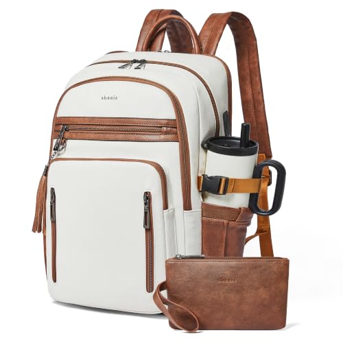 17 Inch Laptop Backpack Purse for Women with Giant Tumbler Holders | Vegan Leather,Travel Work Business College Teacher Nurse,USB Port,RFID Wristlet Purse,28L Large Capaity,Beige with Brown - color: Beige With Brown