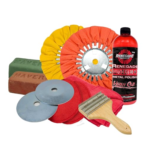 Renegade Products Aluminum Polishing Mini Kit Complete with Buffing Wheels, Buffing Compounds, Right Angle Grinder Safety Flange, Pro Red Hand Polish and Microfibers