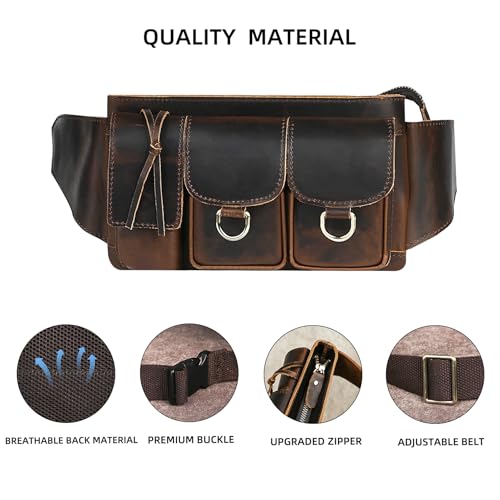 Water Resistant Canvas + Leather Hiking Riding Travel Fanny Waist Pack Small Phone Pouch For Men Women FB811-29 (100% Leather-The 341 Coffee) - color: 100% Leather-The 341 Coffee