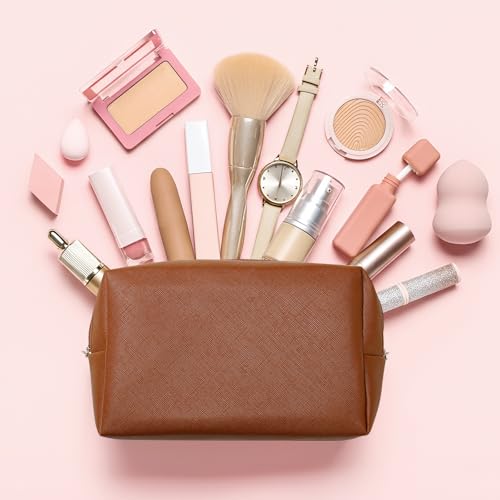 Kigeli Leather Makeup Bag PU Leather Cosmetic Pouch Wide-open Waterproof Toiletry Organizer with Dividers Travel Bag Birthday Valentine's Day Gifts for Women Friend Sister Daughter BFF(Brown) - color: Brown
