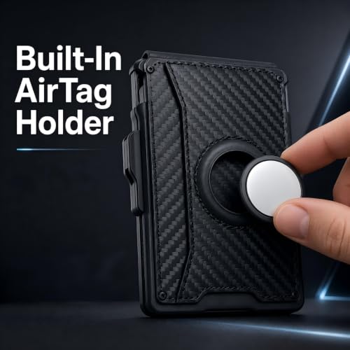 Carbon Black AirTag Wallet for Men, RFID Blocking Minimalist Pop Up Aluminum Card Holder, Carbon Fiber Wallet with Money Clip ID Window, 9-13 Cards, Gift for Men, AirTag Not Included by Sooshoom - color: Carbon Black