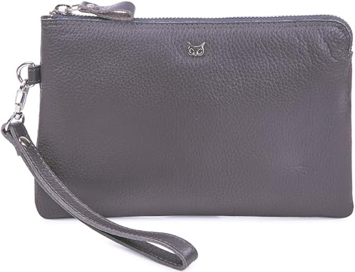 Leather Wristlet Wallet for Women Clutch Handbag Purse with Cell Phone Slot | Genuine Top Grain Leather, 8 Credit Card Slots, Detachable Strap, YKK Zipper, Gifts for Women - color: Dark Grey Nappa