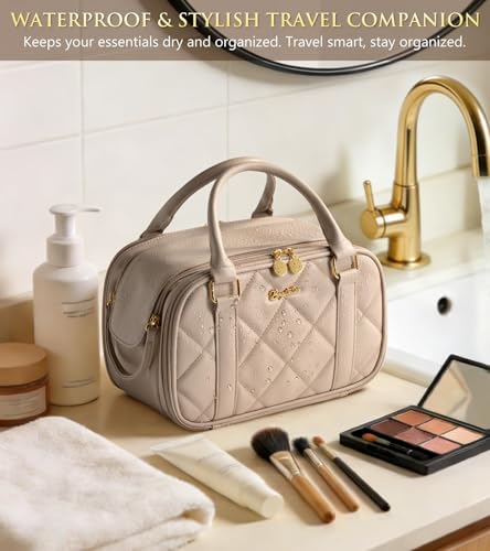 Bagstellar Travel Makeup Bag, Large Capacity Quilted Toiletry Bag for Women Stand-up Cosmetic Bag Open Flat Make Up Case Organizer Portable Pouch Purse w/Handle for Traveling Accessories, Sage Green - color: Sage Green
