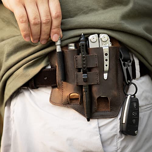 Gentlestache Multitool Belt Sheath, EDC Leather Belt Organizer, Belt Holder with Multitool Pouch, Flashlight Holder, Pen Holder and Keychain Clip, Practical EDC Belt Pouch for Men - color: B-Dark Brown