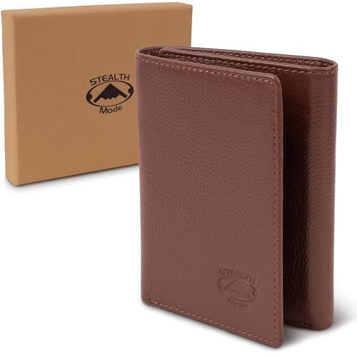 Stealth Mode Trifold Leather Wallet for Men with RFID Blocking | Brown Pebble Top Grain Napa Leather, 9 Card Slots, ID Window, Gift Box – Gift for Dad, Husband, or Son - color: Brown Pebble