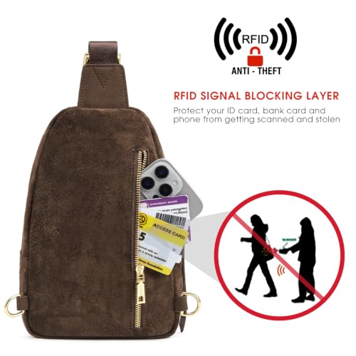Kattee Sling Bag for Women, Genuine Suede Leather Crossbody Bags | Top grain pebbled cowhide leather fanny pack crossbody purse. Small chest bag with RFID blocking for travel. - color: Suede Chocolate