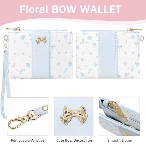 Floral Bow Small Zipper Wallet for Women Girls (BIFOLD-BLUE) | Bifold Wallet, Zipper Coin Pocket, ID Window, 5 Card Slots, Removable Wrist Strap - color: BIFOLD-BLUE