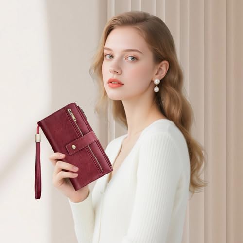 Large Wallets For Women Rfid Blocking Wallet Pu Leather Ladies Wallets Zipper Long Wallet With 24 Card Holders,2 Id Windows And Coin Pocket Wristlet Purses For Women Ladies. Wine red - color: Wine red