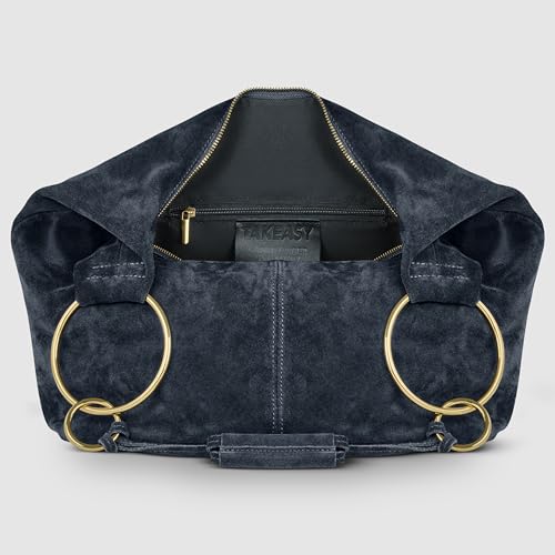 Italian Genuine Suede Hobo Bag for Women with Zippered Closure and Ring Handle Hardware | Large Shoulder Handbag (Dark Blue) - color: Dark Blue