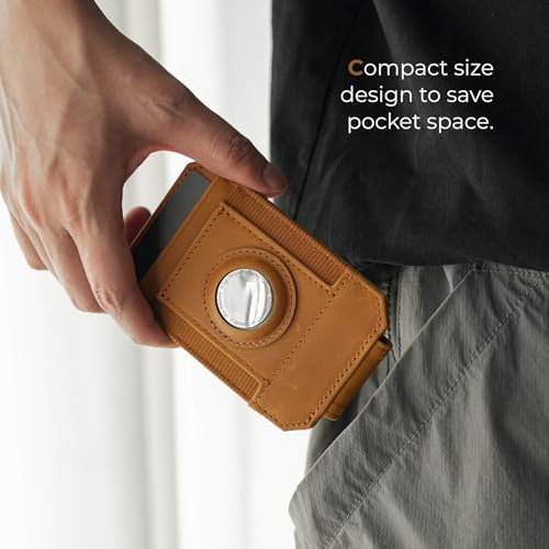 Crazy Horse Leather Money Clip Wallet with Holder Compatible with Air Tag.(Light Brown) - color: Light Brown