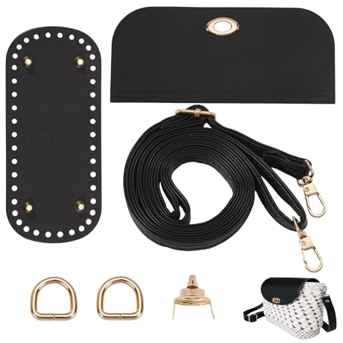 beinkmake PU Leather Purse Crochet Set, Black Oval Bag Bottom with Flap Cover and Adjustable Shoulder Strap, DIY PU Leather Bag Knitting Set for Handbag, Purse and Crossbody Bags Making - color: Black