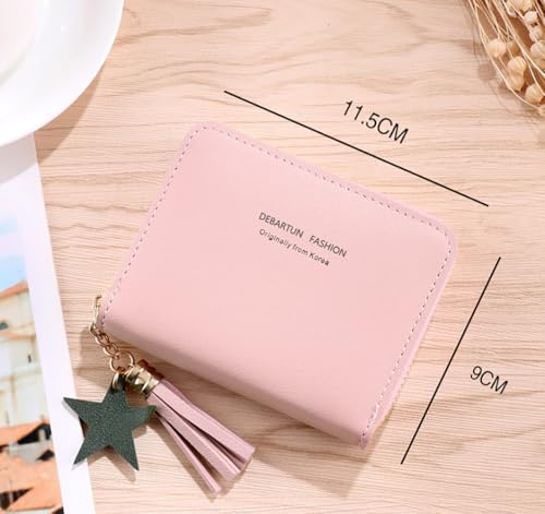 Women's RFID Classic PU Leather Short Wallet with Star Tassel Charm, Multi Card Slots Zipper Coin Pocket, Portable Daily Mini Purse for Cash Cards Lipstick - Black - color: Star Charm-black