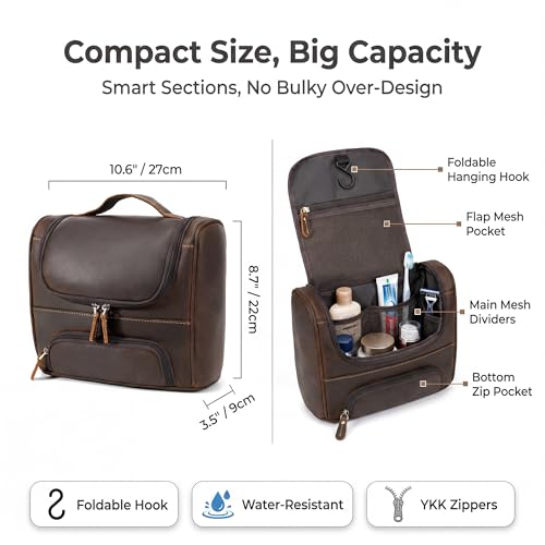 Fulll Grain Leather Toiletry Bag, Hanging Dopp Kit, YKK Zipper, Brown | Crazy Horse Waxed Cowhide, Wet-Dry Mesh Pockets, Metal Hook, 10.6" Wide Opening, TSA Carry On, Dust Bag,
