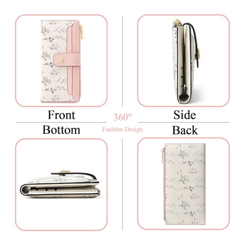 Women's Bifold Long Wallet, Slim & Thin RFID Blocking Floral Vegan Leather Card Holder with Bow Keychain (Pink) - color: Pink