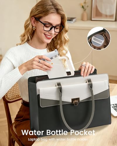 LOVEVOOK Laptop Tote Bag for Women, PU Leather Work Bag, Teacher Tote - color: Black / White / Brown, size: 15.6inch