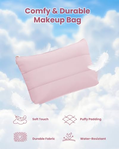 Wandering Nature Small Makeup Bag 2 Pack Cosmetic Bag for Purse, Puffer Quilted Makeup Pouch, Cute Travel Pouch with Zipper for Women, Baby Pink - color: Baby Pink