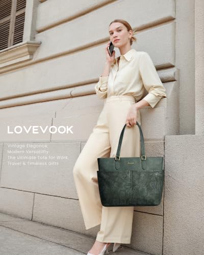 LOVEVOOK Work Tote Bags for Women, Embossed Retro Leather 17.3 Inch Laptop Bag with Large Cup Holder, Teacher Nurse Medical Professional Computer Bag, Office Briefcase Handbag Gift - color: Embossed Green, size: 17.3 Inch
