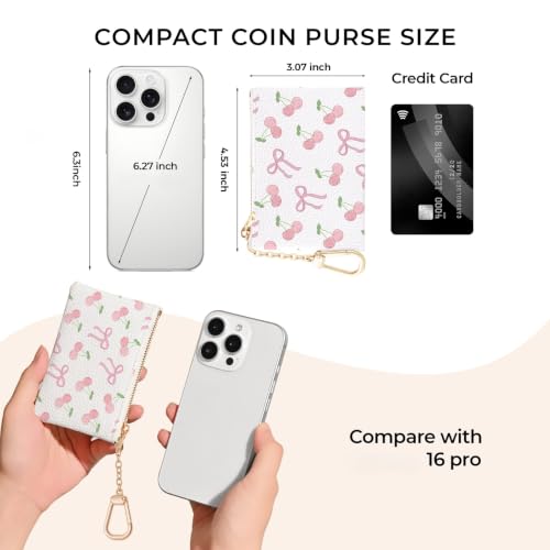 Cherry Bow Keychain Cute Coin Purse for Women, Small Change Pouch | Zipper Key Chain Purse, Little Mini Zip Pocket, PU Leather, Travel Wallet for Girls, Coin Cash Holder, Key Ring, Women Gifts - color: Coquette Bow