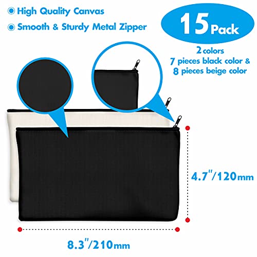15 Pack Blank Cotton Canvas DIY Craft Zipper Bags Pouches Pencil Case for Makeup Cosmetic Toiletry Stationary Storage - color: White+Black