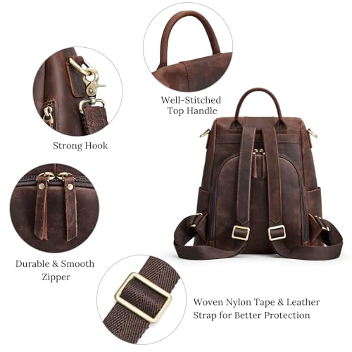 S-ZONE Leather Backpack Purses for Women Antitheft Rucksack Shoulder Bag Medium | Genuine Leather, Medium Fits 9.7-inch Tablet, for Work Travel Daily Commute, Multi Pockets, Adjustable Dual Straps - color: 3-deep Brown