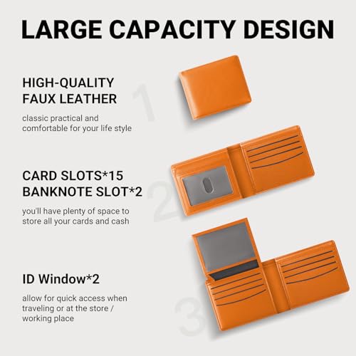 GNDR Wallet For Men RFID Blocking Orange Wallets Bifold Faux Leather Card Holder Front Pocket Mens Accessories With Gift Box - color: Orange-05