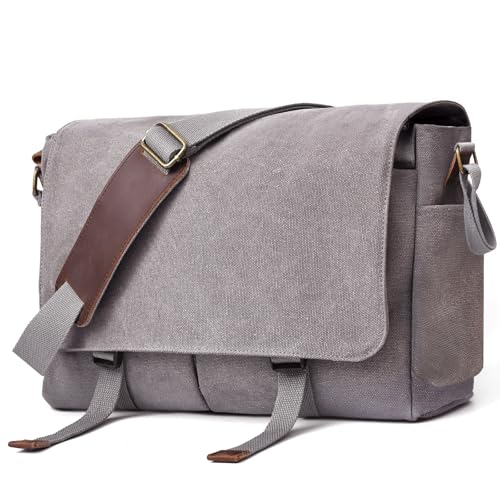 Messenger Bag for men Laptop Bag UnisexRetro Canvas Bag14-15.6 inches Casual single shoulder bag For Work College Travel - color: Grey