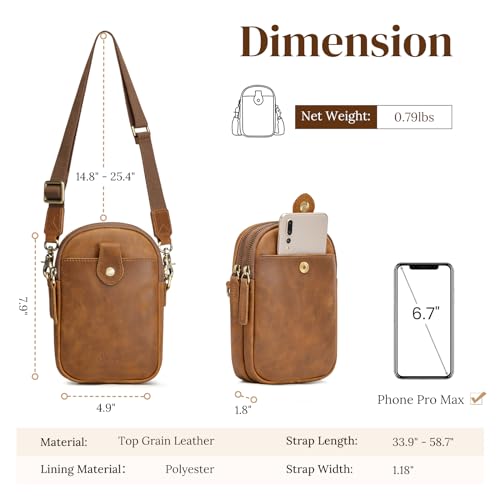 S-ZONE Small Crossbody Bags for Women RFID Blocking Leather Phone Purses | Crazy Horse Leather, Multi Pockets, Trendy Adjustable Wide Strap, Compact Shoulder Purse for Daily Dating Travel - color: Light Brown