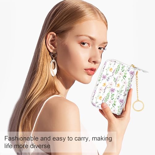 Credit Card Holder Glitter Shining Leather Small Cute Double Zipper Card Wallet for Women with Keychain,White Daisy - color: White Daisy