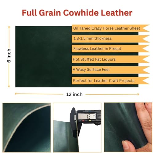 Genuine Leather Hide | 1.3-1.5 mm Thick | Full Grain Leather Sheet & Pieces for LeatherCrafting and Leatherworking Projects by Kozmo (Forest Green Oil-Tanned, 06"X12") - color: Forest Green Oil-tanned, size: 06"X12"