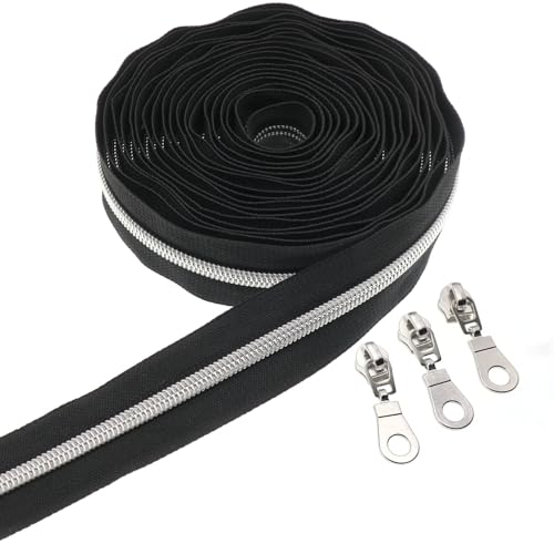 Leekayer #5 Silver Nylon Zipper Bulk 5 Yards Black Tape 10pcs Silver Slider - color: Black-Silver