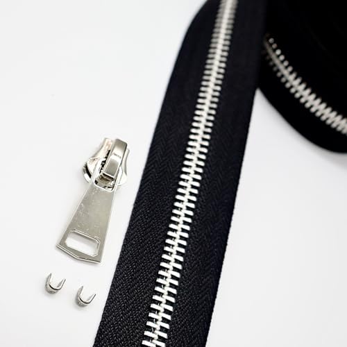 #8 Heavy Duty Metal Zipper by the Yard 3 Yards with 5 Sliders 10 Top Stops and 5 Bottom Stops for Tents Backpacks Outdoor Gear Cushion Covers DIY Pouches and Home Decor(Black/Silver Teeth) - color: Black/Silver Teeth