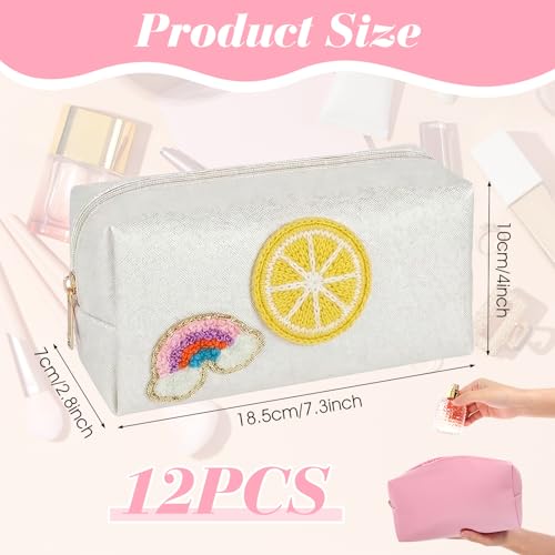 12 PCS Preppy Makeup Bag, PU Leather Cosmetic Bags Bulk, Aesthetic Waterproof Makeup Pouches Set Small Toiletry Travel Bags, Zippered Pencil Case Organizer for Home Office, Multicolor