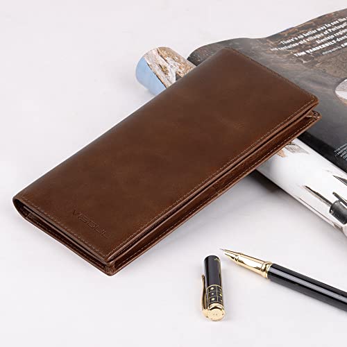 VISOUL Leather Checkbook Cover Wallet for Men with RFID Blocking, Mens Long Bifold Cash Tall Wallet with 11 Credit Card Slots 1 ID Window (Brown) - color: Brown