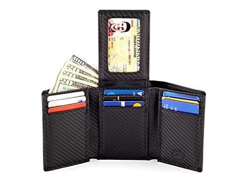 Stealth Mode Trifold Leather Wallet for Men, Flip ID Holder, RFID Blocking | RFID Blocking Wallet - color: Carbon Fiber