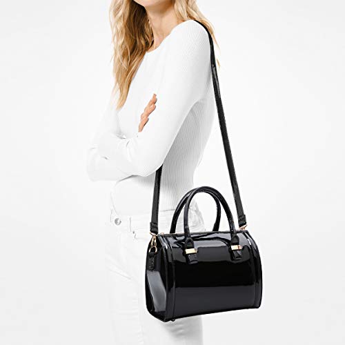 Shiny Patent Faux Leather Handbags Barrel Top Handle Purse Satchel Bag Shoulder Bag for Women - color: 0black